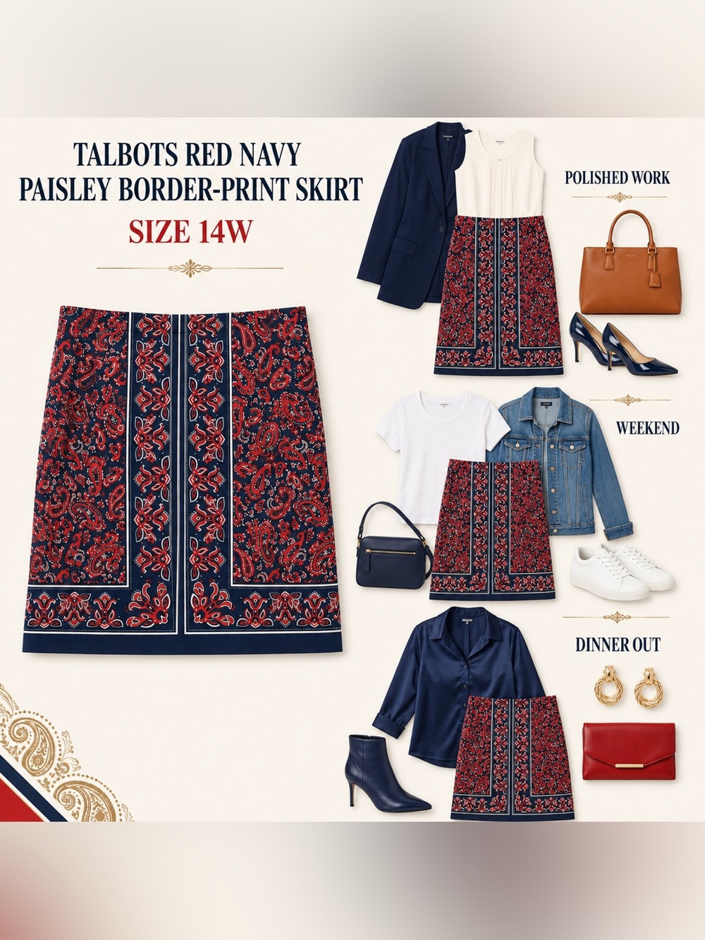 Talbots Woman Red Navy White Paisley Border-Print Skirt Size 14W